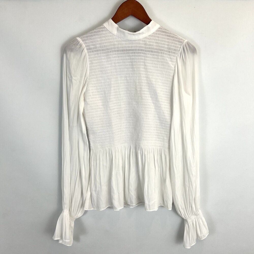 Ramy Brook Blouse Women’s‎ S  Silky White Peplum Long Sleeve Mock Neck